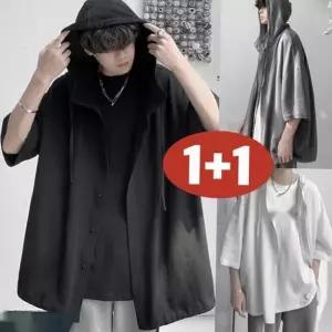 150kg까지 빅사이즈 1+1 여성 일본 빈티지 후드 남녀공용 셔츠 여름 편한 심플 스트링 단추 루즈핏 박스 날
