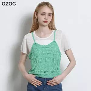 [오조크(OZOC)] 크롭 크로셰 뷔스티에 반팔 세트 (택가격 114000원)