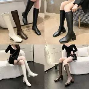 [제이큐]스퀘어핏롱부츠 통부츠 뒷통굽 Slim 심플 구두 패딩 하이힐 퍼 부츠