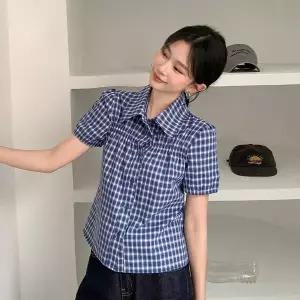여성 벌룬 반팔 셔츠 여름 브이넥 허리 조임 블라우스 상의