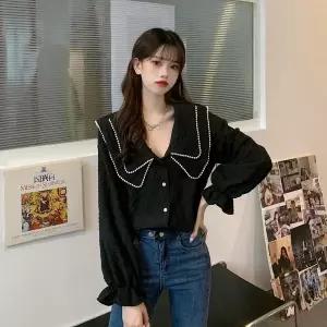 (브랜드 추천) 150kg까지 빅사이즈 여성 숄카라 프릴 날씬해보이는 심플 이쁜곳 블라우스 봄 편한 블랙 우