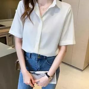 여성 반팔 셔츠 무지 루즈핏 블라우스 여성 쉬폰 셔츠 여름