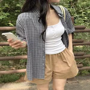 베넷 링클 체크 오버핏 반팔 셔츠 여름 데일리룩 출근룩 레이어드 루즈핏 체크남방