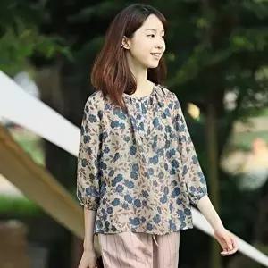 여성린넨반팔블라우스 여성 여름 린넨 감색 꽃무늬 넥셔링 7부 티셔츠 반팔 블라우스