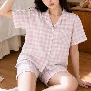 여름잠옷 깅엄체크 반팔 파자마 반바지 상하의세트 실내복