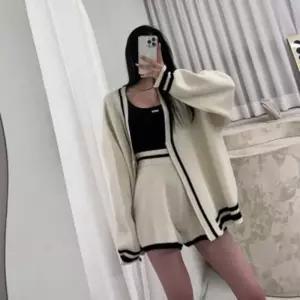 밴딩 니트 배색 투피스세트 루즈핏 가디건 숏팬츠