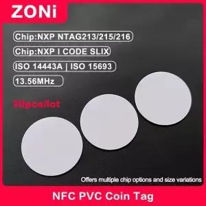 NFC NTAG213 코인 태그 ISO14443A NXP 칩 I CODE SLIX 전자 아미보 13.56MHz 원형 카드 20개
