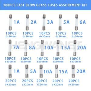 200개 고속 유리 퓨즈 모음 키트 15가지 값 자동차 5x20mm 및