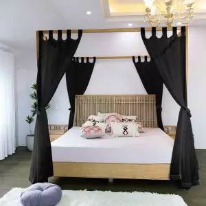 Linent 검은색 캐노피 침대 커튼 - 8패널 세트 타이백 포함 쉽고 간편한 개폐 탭 4 또는 퀸 프레임에 빠른