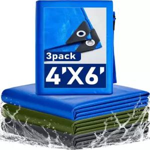 스무스노벨티 3팩 4 x 6피트 헤비 듀티 방수 캠핑용 방수용 야외 지상 텐트 지붕 마당 수영장용 블루 아미