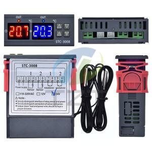 듀얼 디지털 STC-3008 온도 컨트롤러 2개의 릴레이 출력 조절기 프로브 포함 12V 24V 220V 가정용 냉장고