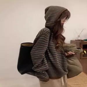 여성 집업 자켓 멜라후드니트 바람막이 니트티셔츠 스트라이프 점퍼 캐주얼 롱 데일리룩 후드