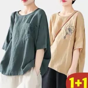 90kg까지 1+1 여성 린넨 플라워 자수 시원한 박스 블라우스 반팔 티 여름 추천 빅사이즈 면 마 얇은 쿨 오