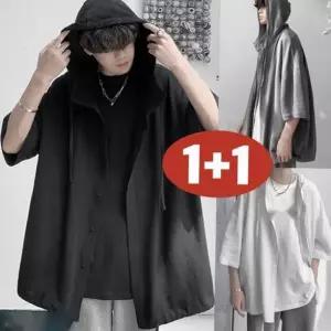 150kg까지 빅사이즈 1+1 여성 일본 빈티지 후드 남녀공용 셔츠 여름 편한 심플 스트링 단추 루즈핏 박스 날
