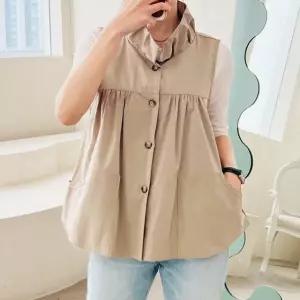 반하이넥 셔링 바스락 소재 A라인 단추 오픈 조끼