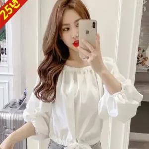 (대박난) 100kg까지 빅사이즈 여성 플리츠 리본 오프숄더 우아한 심플 블라우스 여름 편한 프렌치 예쁜 고