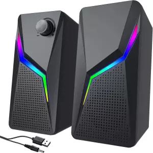 AYJBKL 데스크톱 PC용 컴퓨터 스피커 AUX 연결이 가능한 USB 전원 6가지 RGB 조명 모드 볼륨 노브 조절