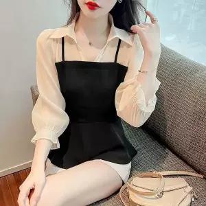 여성 봄 가을 긴팔 블라우스 여성 블라우스시폰 뷔스티에 슬림핏 긴팔 상의 패션 JXH
