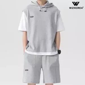 [위즈아이]남성 와플 반팔 레이어드 후드 트레이닝세트 WI109SET