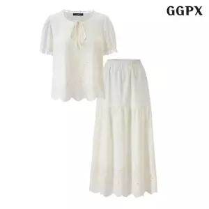 [GGPX] 펀칭 넥 끈 블라우스 롱 스커트 셋업 (GQBOW081D)