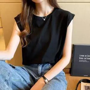 블랙 루즈핏 캡소매 나시 티셔츠