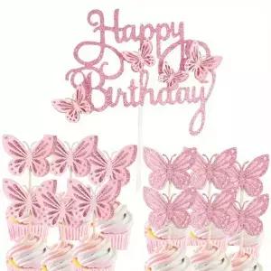 핑크 나비 케이크 토퍼 3D 컵케이크 여성용 생일 축하