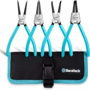 DURATECH 7인치 스냅 링 플라이어 4개 세트 보관 파우치 포함 내부 및 외부 서클립 키트 직선/굽은 턱 보강
