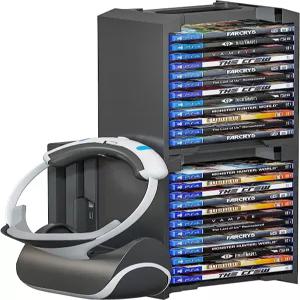 비디오 게임 보관 타워 헤드셋 거치대가 포함된 24개 케이스 홀더 블랙 PS5 Xbox Series X/S One용 범용