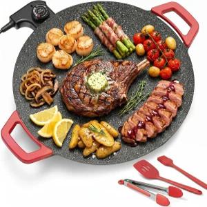 전기 실내 그릴 논스틱 온도 조절이 가능한 14인치 원형 팬 시어링 스테이크 아침 식사 바비큐 및 가족