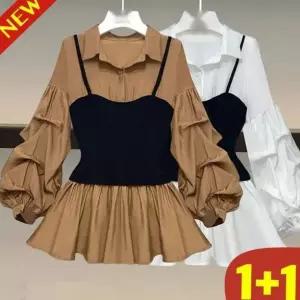 100kg까지 빅사이즈 1+1 여성 프릴 퍼프 페이크 레이어드 셔츠 봄 가을 편한 신상 카라 날씬해보이는 흰색