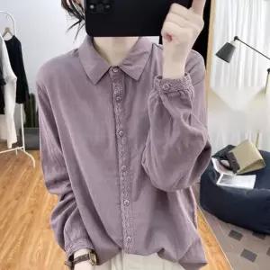 봄 여름 신상 면 마 셔츠 여성 레이스 포인트 순면 루즈핏 여성 셔츠