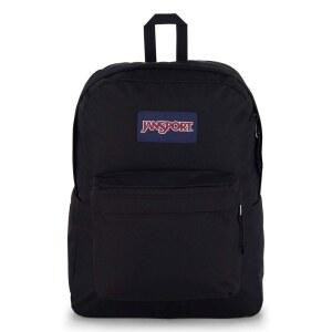 패딩 처리된 15인치 노트북 슬리브와 통합 병 포켓이 있는 JanSport 슈퍼브레이크 플러스 백팩 - 업무 및 여행을 위한 넓고 내구성이 뛰어난 데이팩 블랙