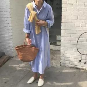 케이엔드 바스락 루즈핏 스트라이프 롱셔츠 원피스 2col