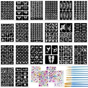 500개 이상의 타투 스텐실 키트 20장 헤나 젬 스티커 10PCS 브러시 페이스 바디 페인트 DIY 아트 할로윈
