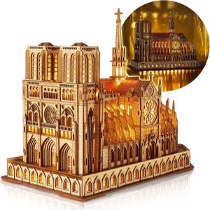 FUNPOLA LED 3D 목재 퍼즐 - 파리 노트르담 대성당 건축 모델 야간 에디션 조명 포함 DIY 조립 공예 키트