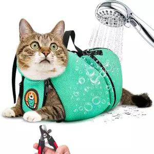 AWOOK 고양이 그루밍백 조절 가능한 목욕 가방 스크래치 방지 폴리에스터 부드러운 내구성 메쉬 샤워백