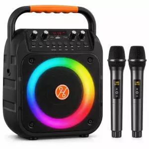휴대용 블루투스 노래방 스피커 무선마이크 2개 20W AUX USB TF카드 지원 블랙