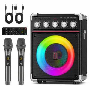 휴대용 블루투스 5.3 노래방 스피커 무선마이크 2개 리모컨 USB TF AUX 지원 TX05 블랙