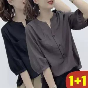 75kg까지 1+1 빅사이즈 여성 얇은 시원한 브이넥 에어리 셔츠 여름 편한 우아한 모던 반소매티 반카라 디자