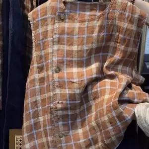 패션 여성 여름 조끼 체크 패턴 리넨 블라우스 썸머 스타일 캐주얼 버튼 무지 민소매