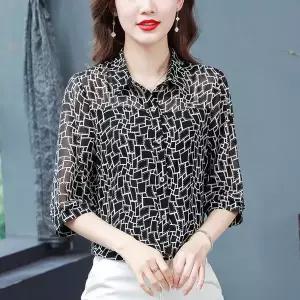 여성용 가을 빅사이즈 중년 쉬폰 셔츠 루즈핏 7부소매 블라우스