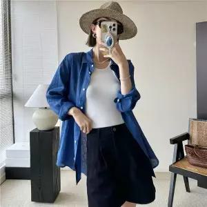 여성 넥카라 린넨 셔츠 블라우스 여름 바캉스 휴가지 빅사이즈 9부 여름남방