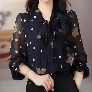 여성 도트 리본 쉬폰 블라우스 긴팔 루즈핏 캐주얼 프릴 셔츠