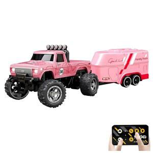 플래시스타 미니 RC 트럭 1:64 스케일 몬스터 트럭 조명 포함 원격 조종 자동차 2.4GHZ 리모컨 속도/조향 조절 가능(핑크)