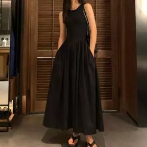 여성 시크 패션 민소매 올 블랙 체형 커버 롱 원피스