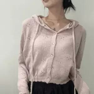 여성 파스텔 색감 펀칭 후드 니트 티 가디건 [3color 핑크 크림 그레이 세미크롭 버튼 봄 가을 겨울 긴팔]