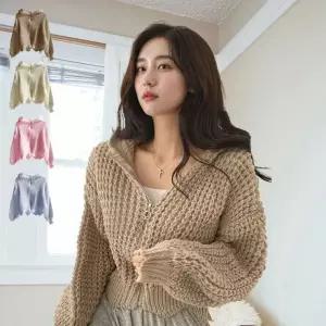봄 그물 크롭 후드 니트 벌룬 가디건 SIS-594