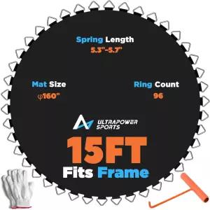 ULTRAPOWER SPORTS 트램폴린 매트 교체용 15FT 10줄 스티치 자외선 방지 내마모성 후크 장갑 포함 점핑