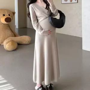 임산부 하객룩 롱 원피스 키작녀 임부복 결혼식 니트 원피스 출근룩 봄 가을 하객룩 만삭 하객룩 봄