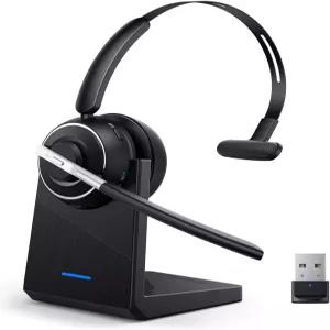 블루투스 헤드셋 PC용 마이크가 있는 무선 노이즈 캔슬링 V5.2 컴퓨터 USB 동글 업무용 충전 베이스 및